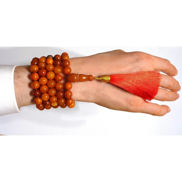 99 Bead Muslim Rosary with Minaret Butterscotch Baltic Amber Prayer Necklace 55g - Picture 9 of 10